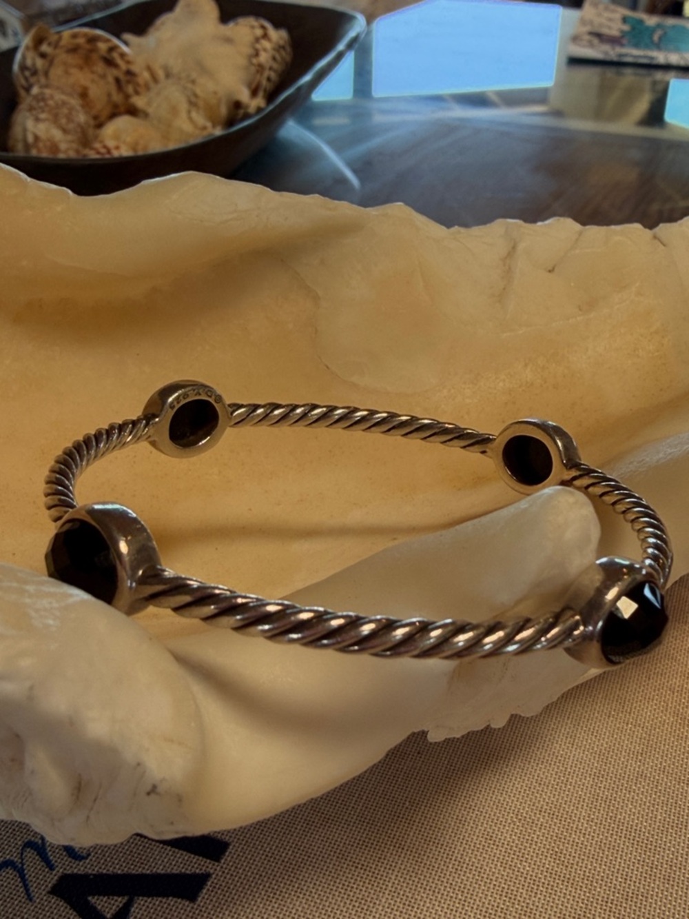 David yurman Sterling Silver Twisted Bangle with Black Stone Accents